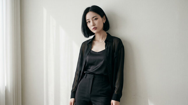 Stylish Young Woman in Black Outfit Standing by Bright Window