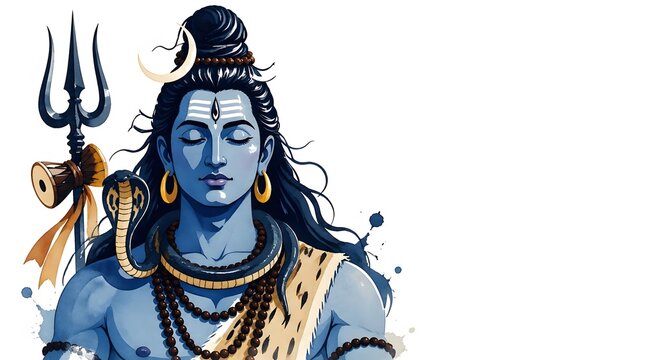 Blue Hindu God Shiva Portrait with Trident and Serpents