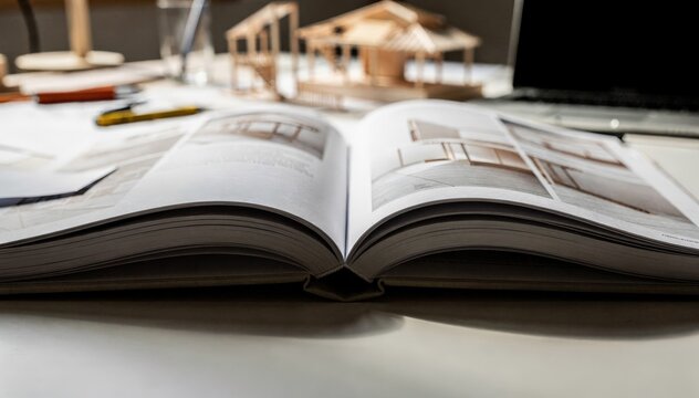 Largeformat architecture book open wide sharp focus on the detailed layout and binding edge with a softly blurred creative workspace behind.