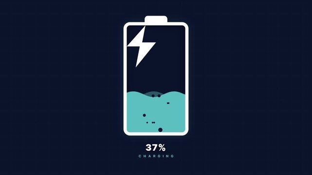 Digital Battery Charging Indicator Animation with Percentage Progress and Cyan Liquid Motion Filling on Dark Grid Background