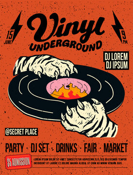 Vinyl underground music party poster with monster hands and vinyl record plate. Retro styled vector illustration