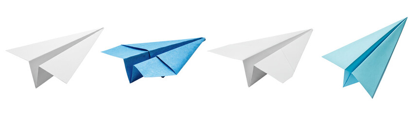 White and blue paper airplanes floating in various directions, symbolizing communication, travel, and creative thought. © FoodPNG