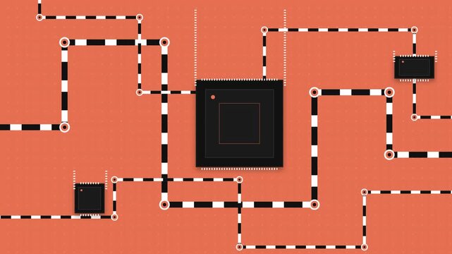 Abstract technology background with microchip processors and digital data transmission paths on orange grid schematic