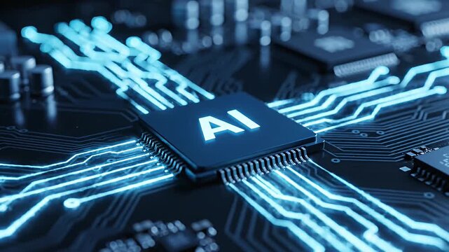 Close up of an ai chip with bright neon lights and circuit pathways