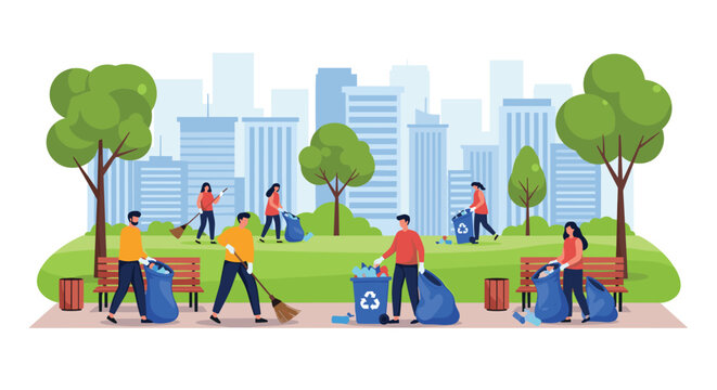 Group of volunteers working together to clean up trash and recycle in a city park with buildings in the background.