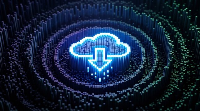 cloud computing download concept with data flow and glowing pixels