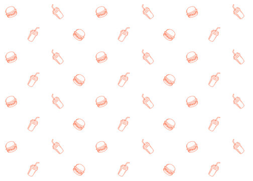Seamless burger. Fast food Illustration pattern with red outline and white background. Food packaging, menu illustration	