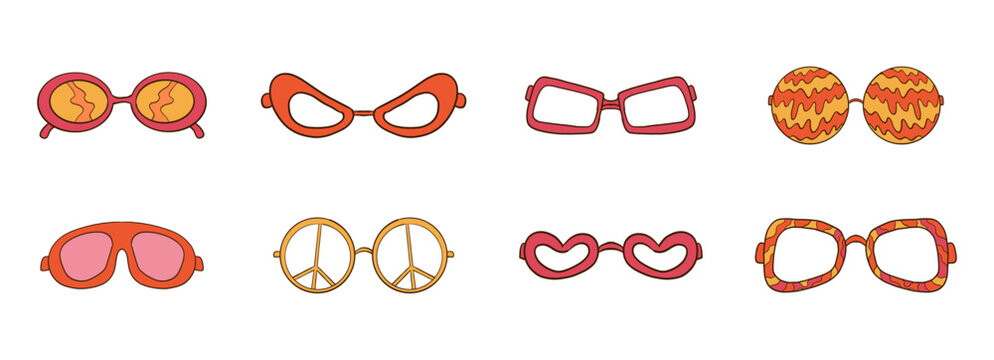 Retro groovy sunglasses funky trippy disco glasses with rainbow, lines and waves in shape of heart, hippy peace sign set. 70s Y2k vibe groovy elements. 