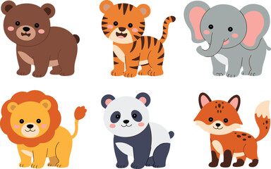 Fototapeta premium Cute Kawaii Baby Wild Animal Collection Featuring Lion Tiger Elephant Panda Bear and Fox for Kids Nursery Decor Children Educational Projects and Greeting Card Designs