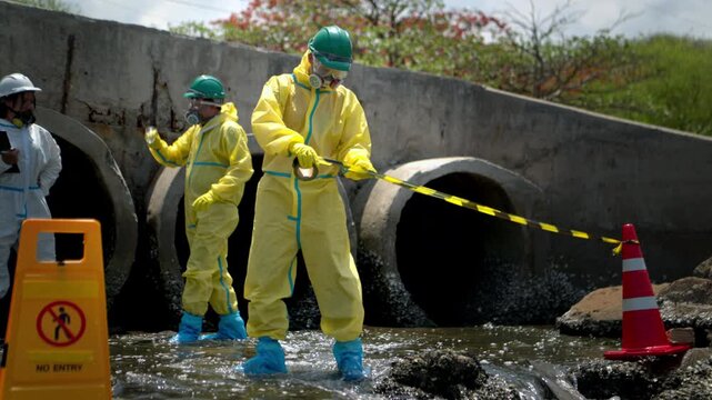 Warning sign and hazardous work area near polluted wastewater drainage tunnel with workers in protective equipment