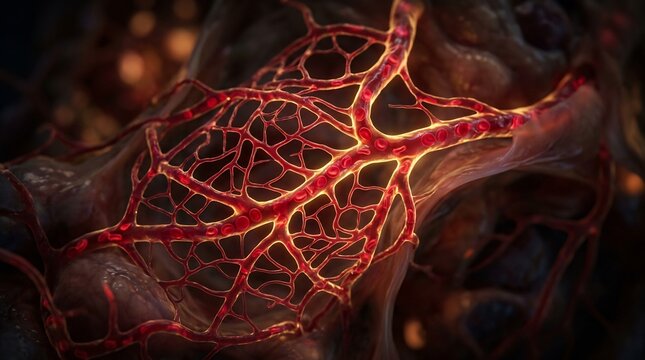 human blood capillary network with red blood cells glowing