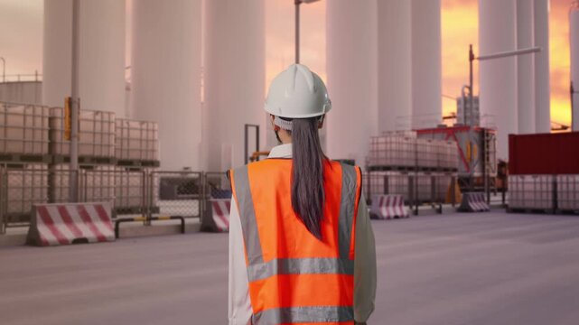 Back of Asian Female Engineer Walking at Storage Facility with IBC Totes, Large Silos and Safety Barriers at Sunset