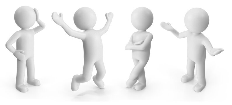A collection of four white 3D rendered human effigy figures in various poses.
