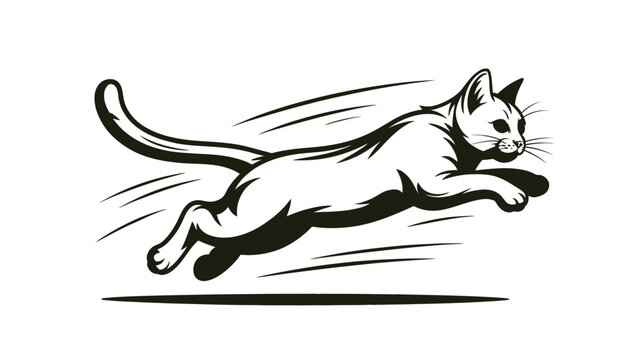 Vector cat running, dynamic feline illustration, black and white animal design, motion graphics element