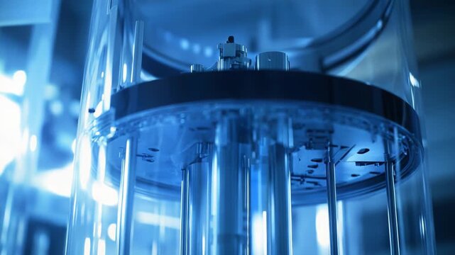 Quantum computer technology with illuminated blue components creating an abstract vision of future scientific research, innovation, and advanced data processing in a laboratory environment