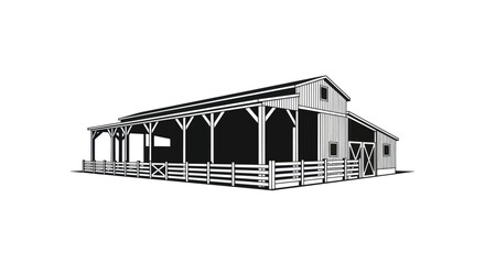 Black and white illustration of a barn with a fenced-in area. © Asbut