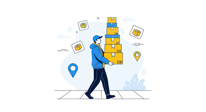 Delivery man carrying a tall stack of packages for online shopping.