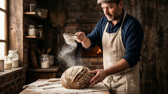 man dusting flour on sourdough bread in rustic bakery