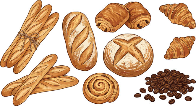 Variety of Fresh Baked Goods Including Breadsticks, Croissants, Cinnamon Rolls, and Coffee Beans for Bakery and Breakfast Designs