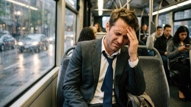A man in a gray suit sits slumped in a bus seat, his head in his hands. Rain streaks down the bus window, blurring the city street outside.