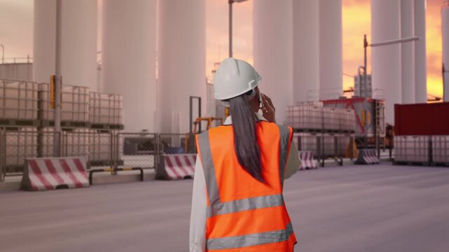 Back of Asian Female Engineer Talking On Smartphone While Walking at Storage Facility with IBC Totes, Large Silos and Safety Barriers at Sunset