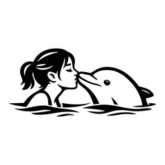 Logotipo vacaciones de verano. Dibujo minimalista con líneas de una mujer besando a un delfín, en las aguas del mar © teracreonte