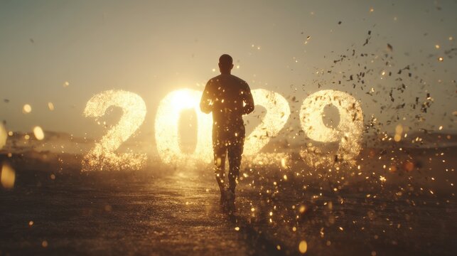 A silhouetted figure strides confidently towards a bright and hopeful future, the year 2029 shimmering behind. ..Created with Generative AI, not depicting real subjects.