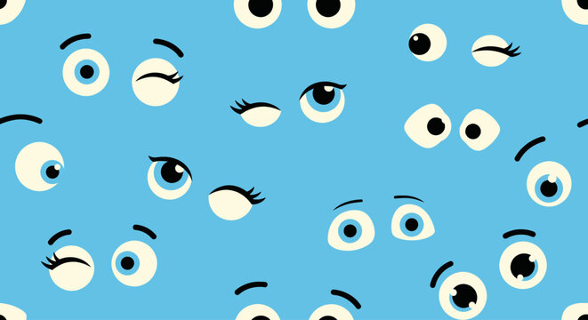 Seamless pattern of cute cartoon eyes with different expressions on blue background
