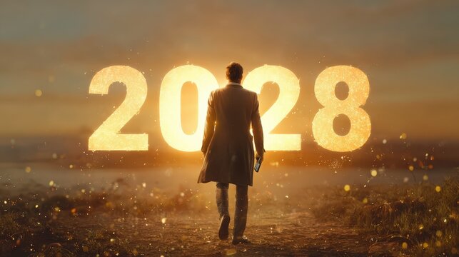 A solitary figure embarks on a journey toward the radiant future, represented by the glowing numerals 2028 against a backdrop of the horizon. ..Created with Generative AI, not depicting real subjects.