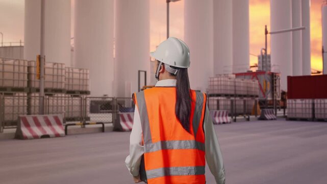 Back of Asian Female Engineer Holding Tablet While Walking at Storage Facility with IBC Totes, Large Silos and Safety Barriers at Sunset