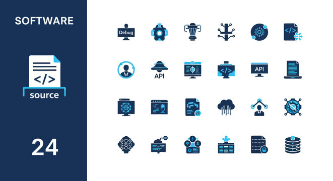 Set of 24 software development and programming code icons in blue and black style