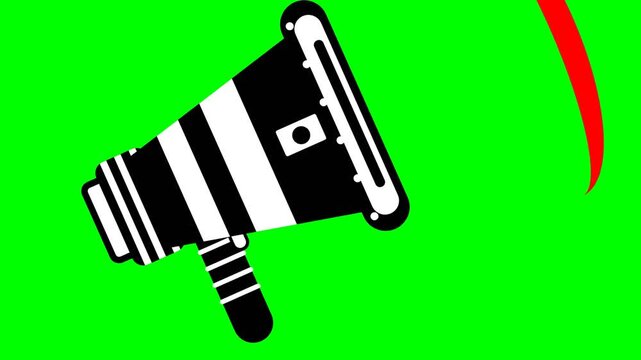 Animated Black and White Megaphone Bullhorn with Sound Waves on Green Screen Background for Marketing and Announcements