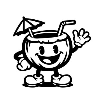 Logo coconut beach bar. Dibujo animado de un coco sonriente con parasol y pajita, saludando con la mano