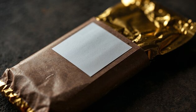 luxury chocolate bar mockup with gold foil and craft paper sleeve on dark background