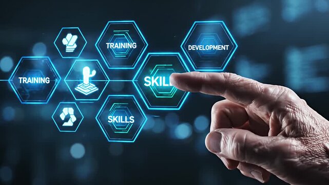 Skill development concept human hand interacts with digital interface