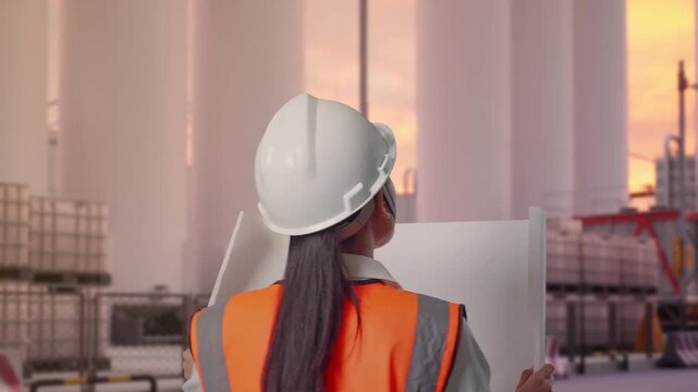 Back of Asian Female Engineer Looking At Blueprint In His Hands While Walking at Storage Facility with IBC Totes, Large Silos and Safety Barriers at Sunset