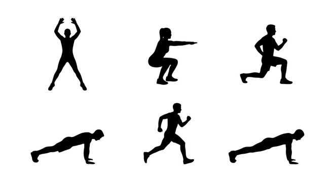 Fitness Silhouette Icons: Jumping Jacks, Squats, Lunges, Plank, Running, Exercise Set