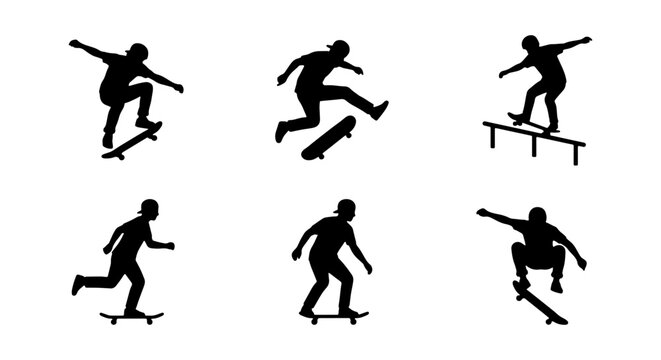 Skateboarder Silhouettes, Dynamic Action Poses, Extreme Sports Icons, Urban Lifestyle Vector Set