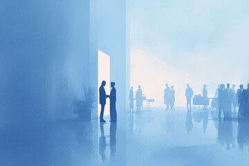 Fototapeta premium Silhouettes of diverse people gathering in a modern blue-tinted space