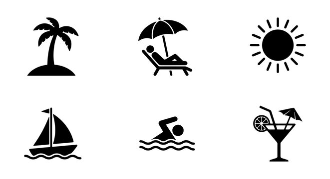 Summer Vacation Icons Set: Beach, Sun, Sailing, Swimming, Cocktails, Relaxation, Travel