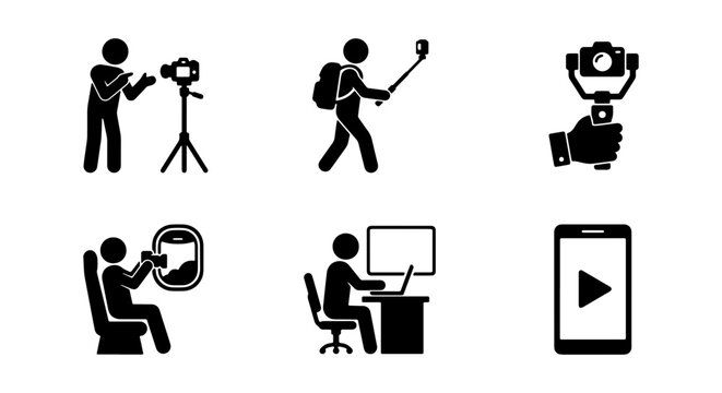 Stick Figure Icon Set: Photography, Travel Vlogging, Mobile Content Creation, and Remote Work Concepts