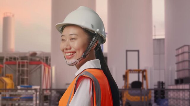 Side View of Asian Female Engineer Walking at Storage Facility with IBC Totes, Large Silos and Safety Barriers at Sunset
