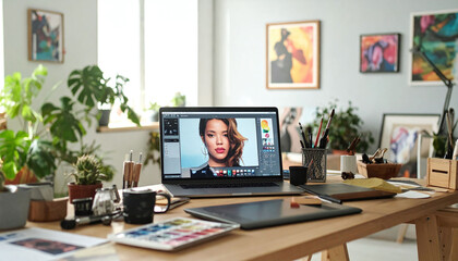 Fototapeta premium Professional digital art and photo editing in a bright studio. A laptop displays a portrait beside a graphic tablet and brushes, ideal for creative work, design, and media themes.