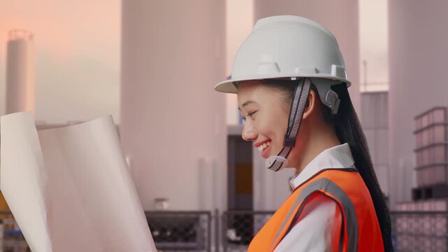 Side View of Asian Female Engineer Looking At Blueprint In His Hands While Walking at Storage Facility with IBC Totes, Large Silos and Safety Barriers at Sunset