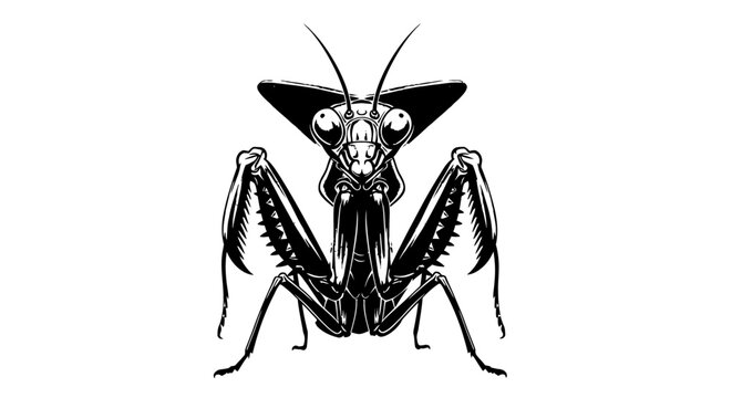Black and white illustration of a praying mantis insect isolated on white