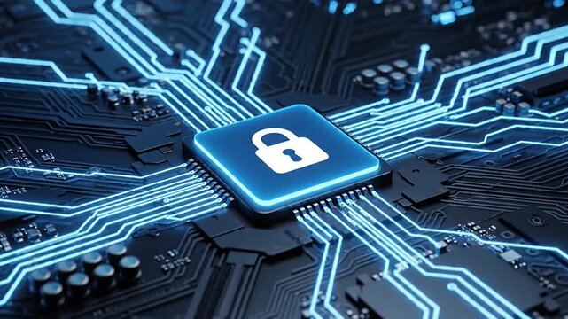 Close up of a digital circuit board with a security lock icon