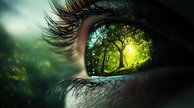 eye vision fantasy Eye reflecting a magical forest with glowing trees and mythical creatures, enchanting and mystical vision