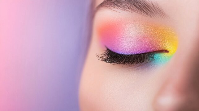 eye makeup rainbow Spectrum of rainbow colors painted on eyelids, transitioning smoothly from red to violet, creative makeup design