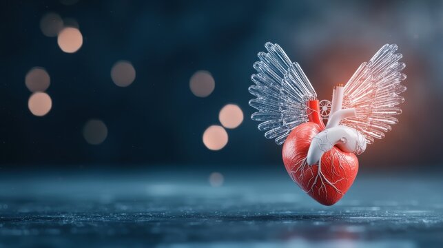 heart wing Anatomical heart with metallic, mechanical wings on a dark background, gears and wires visible, blending biology and technology