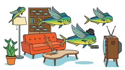 Creative Surreal Interior with Floating Fish Character Vector Illustration © YaVec25